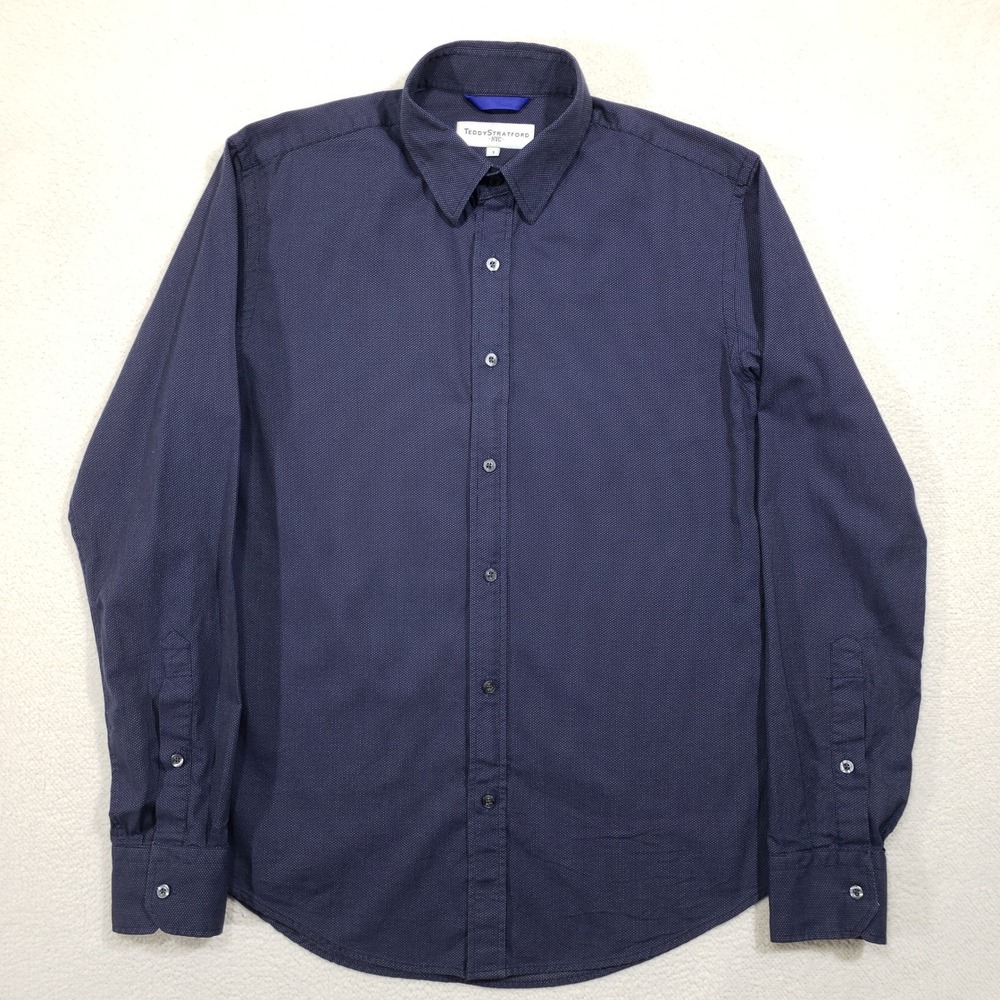 Teddy Stratford Button Up Shirt Mens 1 Navy Blue Micro Dot Dobby Cotton Small